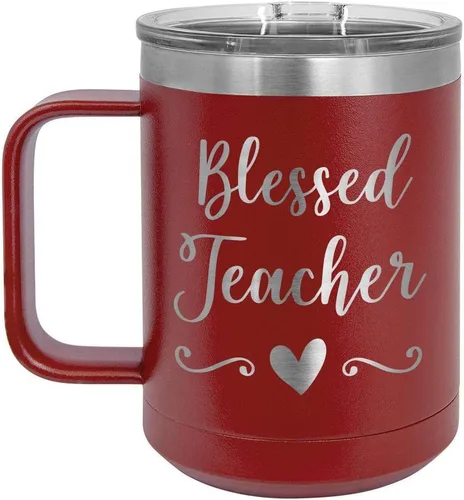 Vista 15 de BLESSED TEACHER Negro 15 oz Taza de café w/tapa deslizante Taza de café de viaje aislada Ideas de regalos de cumpleaños o Navidad de mujeres u