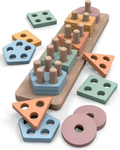 Vista 2 de GOPO TOYS Juguetes Montessori para niños mayores de 18 meses – Juguetes de clasificación y apilamiento de madera y juguete de actividad de cuerda