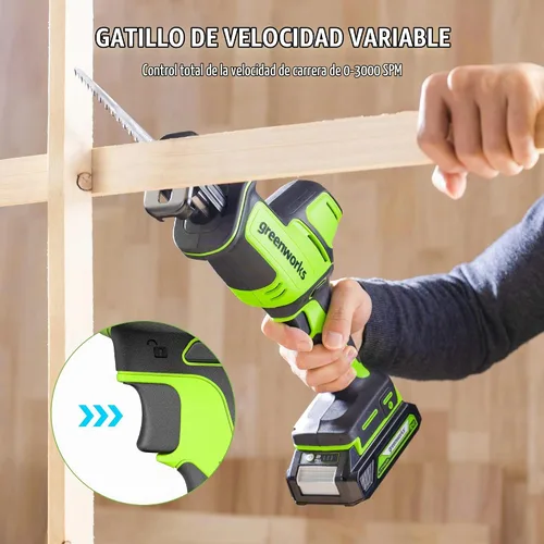 Vista 5 de Greenworks Sierra Recíproca Compacta de Una Mano sin Escobillas de 24V de 1" (3,000 SPM), Sierra Recíproca Inalámbrica de Velocidad Variable