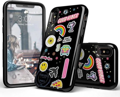 Vista 86 de Casely Funda para iPhone Xs Max Funda con estampado de festival (solo buenas vibraciones)