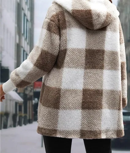 Vista 2 de ONDIAN Chaqueta de manga larga con botones para mujer, a cuadros, peluda, para otoño, invierno, abrigos, abrigos, abrigos, abrigos, abrigos