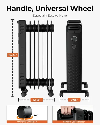 Vista 4 de ZAFRO 1500 W Calentador Eléctrico de Radiador Lleno de Aceite con Termostato Ajustable, Protección Contra Sobrecalentamiento y Vuelco, Bajo Nivel
