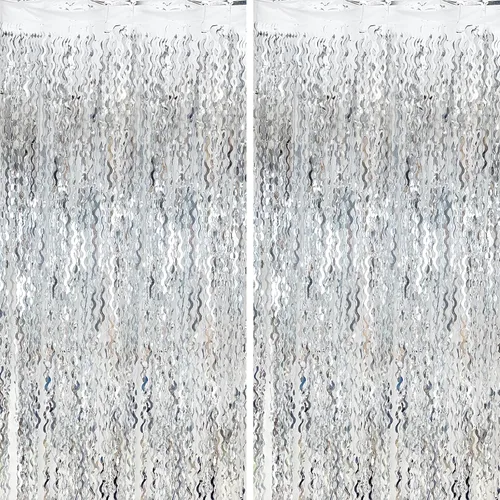 Vista 9 de Telón de fondo negro para decoraciones de fiesta, cortina de flecos de papel de aluminio ondulado, telón de fondo de fotos, cortina de oropel