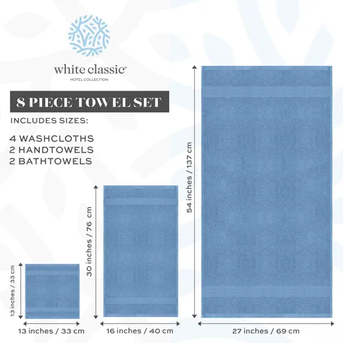 Vista 5 de White Classic Juego de 2 toallas de baño de lujo azul claro de 22 x 34 pulgadas y 8 toallas