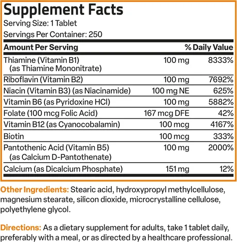 Vista 8 de Bronson Complejo de Vitamina B Super B 100 de Liberación Sostenida Contiene Todas las Vitaminas B (Vitamina B1, B2, B3, B6, B9 - Ácido Fólico, B12)