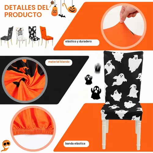 Vista 3 de Preboun 8 fundas para sillas de Halloween de 4 estilos, fundas para sillas de comedor de Halloween, fundas protectoras para sillas espeluznantes