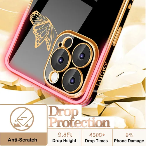 Vista 6 de Petitian Funda para iPhone 14 Pro Max, diseño de mariposas para mujeres y niñas, diseño dorado para iPhone 14 Pro Max, cubierta femenina chapada