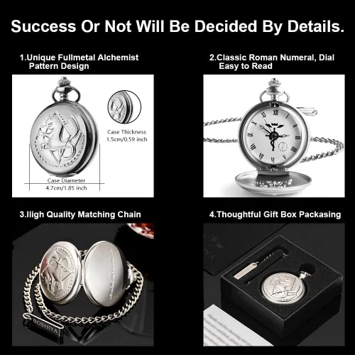 Vista 3 de BOSHIYA Fullmetal Alchemist - Reloj de bolsillo con caja de cadena para accesorios de cosplay, mercancía de anime