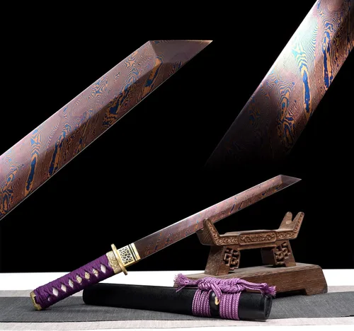 Vista 3 de Espada samurái de acero al carbono, espada pequeña japonesa Tanto espada pequeña Katana de espiga completa (morado)