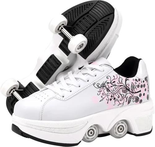 Vista 9 de Zapatillas de Patines de Ruedas para Niñas, Niños, Mujeres, Hombres, Zapatos de Patinaje de Doble Fila, Zapatillas con Ruedas Retráctiles, Patines