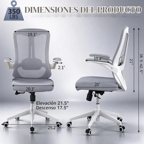 Vista 2 de Silla ergonómica de malla para oficina en casa, silla de escritorio resistente de 350 libras con soporte lumbar, reposabrazos abatibles, silla 02