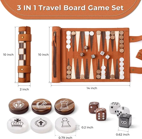 Vista 2 de Woodronic Juego de damas de backgammon de ajedrez de viaje 3 en 1, juego de backgammon de cuero enrollable con 32 piezas de perlas premium y 5