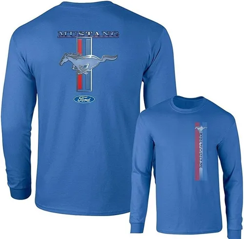 Vista 4 de Ford Mustang Pony Racing Stripe 5.0 Muscle Cars Camiseta de manga larga con estampado delantero y trasero Azul marino