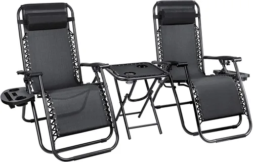 Vista 8 de Homall Juego de 3 sillas de gravedad cero para patio, reclinables, para exteriores, sillas reclinables portátiles con mesa auxiliar (beige)