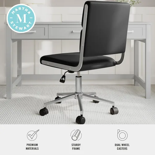 Vista 5 de Martha Stewart Lulu - Silla giratoria con asiento ajustable en altura para oficina en casa en piel sintética negra con marco de níquel pulido