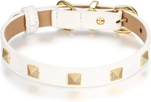 Vista 7 de SCAMPER & CO Collar de perro con hebilla chapada en oro amarillo de 18 quilates de bronce de 18 quilates con pirámide de microfibra, collar de perro