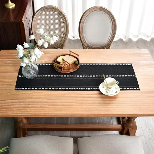 Vista 3 de Camino de mesa rústico de granja con rayas trenzadas, caminos de mesa bordados, decoraciones de mesa para cocina, sala de estar, comedor, días