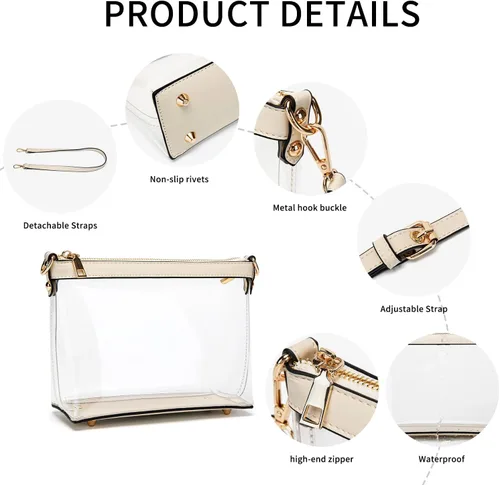 Vista 5 de Y&R Direct Bolsa cruzada 3 en 1 con cremallera transparente con ribete de cuero vegano para estadio, festival, concierto, regalos para el día
