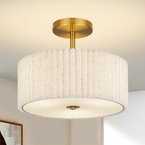 Vista 8 de Lámpara de techo moderna semiempotrada con pantalla de tela plisada, lámpara dorada de tambor de 12.5 pulgadas con luces, lámpara de lino blanco