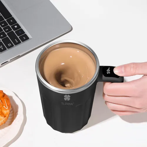 Vista 4 de Taza de café autoagitable, apta para café, leche, cacao y otras bebidas, botella aislada (temperatura negra, 12 onzas)