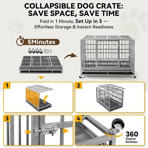 Vista 5 de Oranland Jaula de 38 Pulgadas para Perros, Resistente e Indestructible, con Ruedas, Perrera para Perros con Alta Ansiedad, Cerraduras Robustas