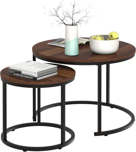 Vista 8 de Mesa de Centro Anidable, Juego de Mesa de Centro Redonda de 23.6" Set de 2, Juego de Mesas Anidables de Madera con Marco de Metal, Mesas Laterales