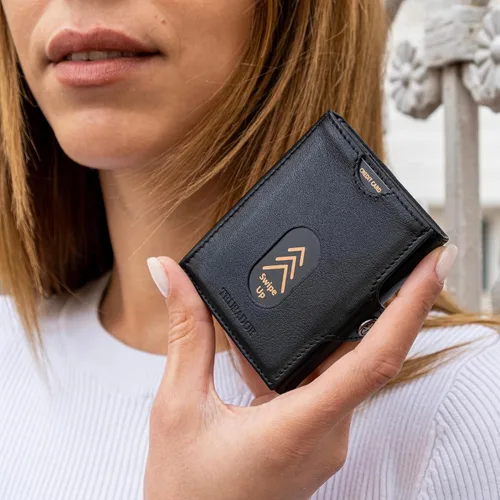 Vista 6 de TRUSADOR Valencia Cartera de piel unisex pequeña compacta bolsillo frontal RFID con bolsillo monedero, Negro -, Con bolsillo para monedas