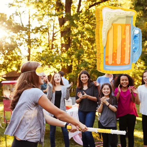 Vista 3 de Sratte Piñata de cerveza con palo y venda de los ojos con confeti, taza de vidrio para colgar, decoración mexicana para cumpleaños, despedida