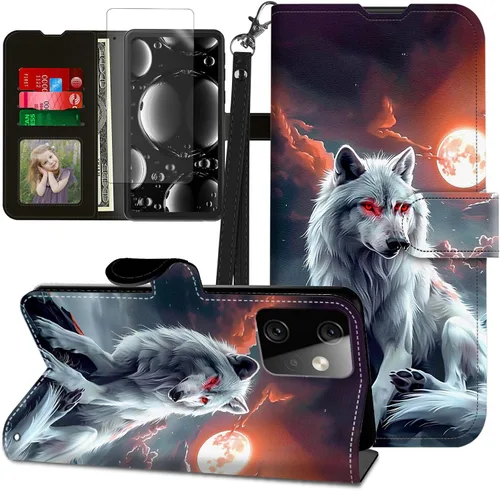 Vista 275 de Funda para Motorola Edge 2022 con protector de pantalla, soporte y tarjetero y correa para la muñeca, funda magnética para Moto Edge 2022 5G UW Lobo