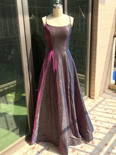 Vista 6 de Vestidos largos para baile de graduación, acampanados, con bolsillos, formales, para fiestas de noche, con abertura lateral y purpurina