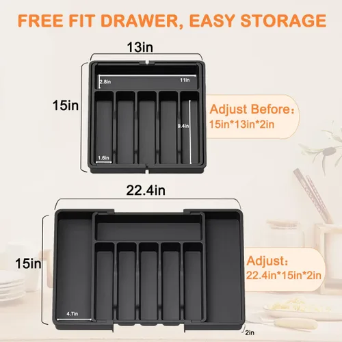 Vista 6 de Organizador de cajones de cubiertos, organizador de utensilios profundos expandible para cajones de cocina (13-22.4 x 15 pulgadas, negro)