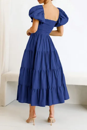 Vista 9 de PRETTYGARDEN Vestido midi casual de verano para mujer, manga corta, cuello cuadrado, fruncido, con volantes