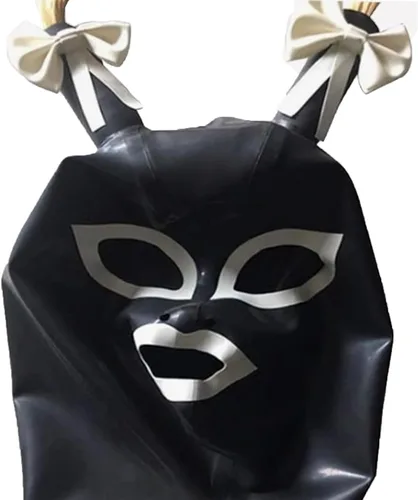 Vista 2 de ABWL Máscara de látex negro con capucha unisex, hecha a mano con peluca de cola de caballo doble para disfraces de cosplay