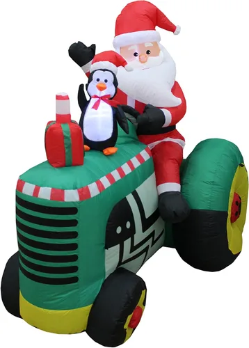 Vista 3 de Decoración inflable para jardín de Papá Noel en tractor con pingüino, 5.3 pies de altura