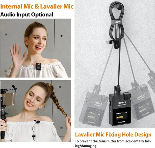 Vista 2 de Micrófono lavalier inalámbrico COMICA BoomX-D2 para iPhone, cámara Android, sistema de micrófono de solapa dual con 2 transmisores, rango estable