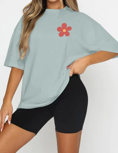 Vista 2 de SAFRISIOR Camiseta de gran tamaño con estampado de letras para mujer, cuello redondo, manga corta, eslogan floral, hombros caídos, blusa suelta