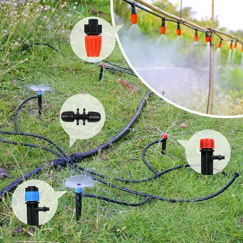 Vista 9 de Kit automático de riego por goteo para invernadero, patio y jardín, sistema de riego por micronebulización con boquillas ajustables, temporizador