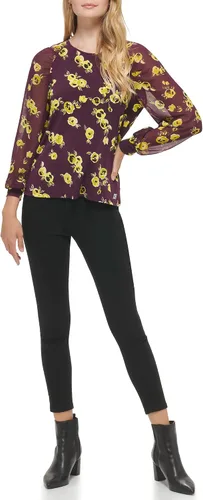 Vista 2 de Calvin Klein Blusa de gasa con estampado de manga poof para mujer