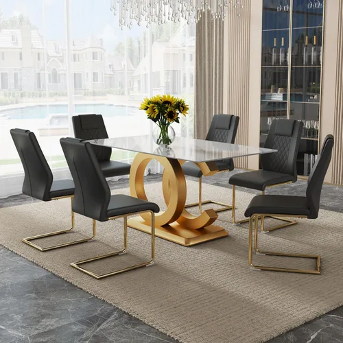 Vista 8 de Ebullient Juego de Mesa de Comedor Moderno para 4, Juego de 5 Piezas de Mesa de Comedor y Sillas para 4, Tablero de Mesa de Mármol PDLB y Base