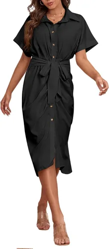 Vista 3 de LYANER Vestido midi de manga corta con cuello y botones para mujer