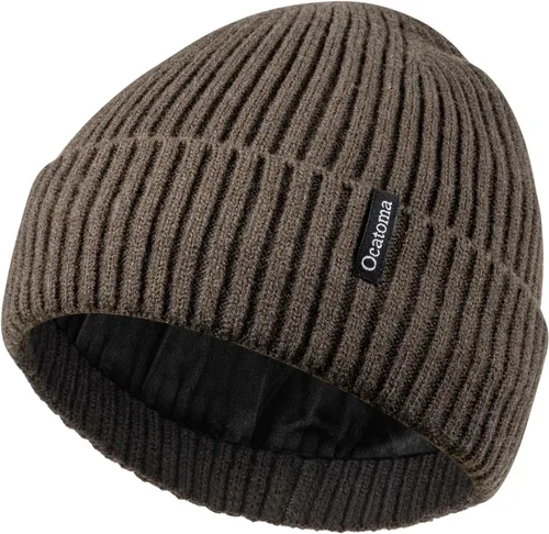 Vista 27 de Ocatoma Gorro para hombre y mujer, cálido gorro de invierno tejido con puños, suave y cálido, gorro de esquí unisex Camello gris