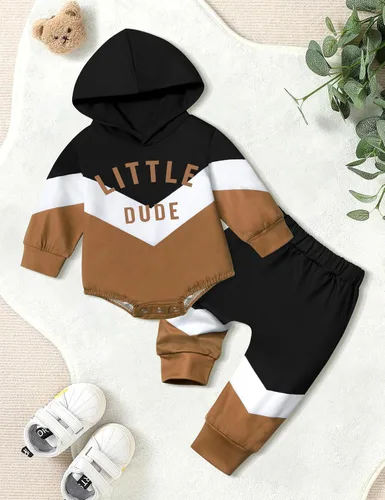 Vista 8 de Ropa para bebé niño, bloque de color, sudadera con capucha de gran tamaño, mameluco, pantalones largos, conjunto de trajes de otoño e invierno
