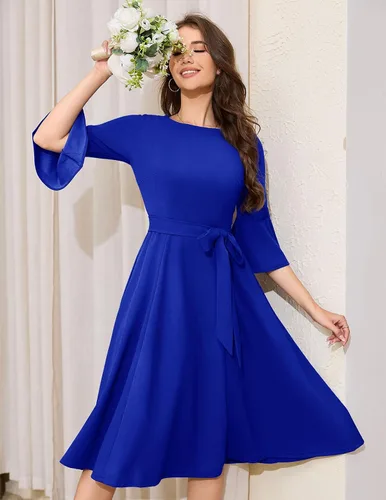 Vista 4 de HomRain Vestidos de iglesia para mujer 2025, invitada de boda, cóctel, fiesta de té, manga acampanada, vestido vintage de graduación de noche