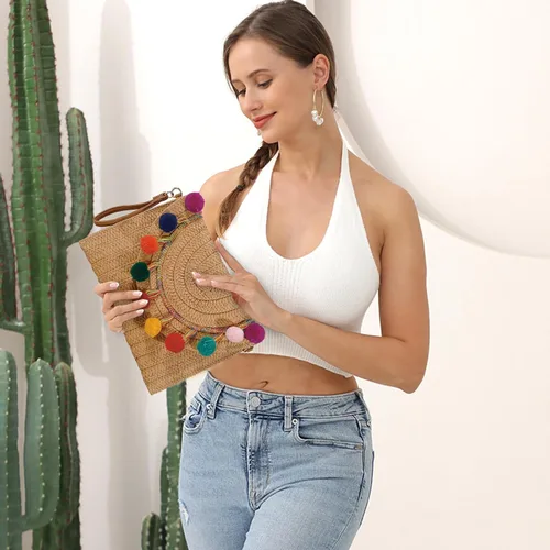 Vista 2 de YYW Bolso de paja con paja, bolso de hombro de paja para mujer, para verano, playa, crucero, sobre, embrague, bolsa de rafia