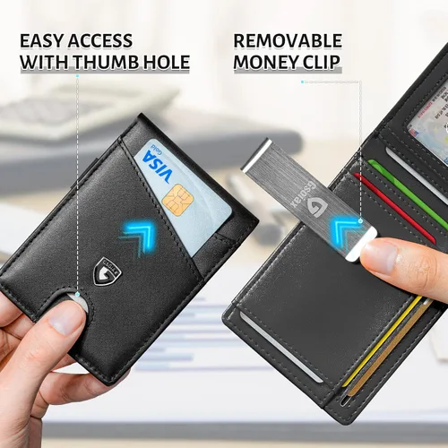 Vista 71 de GSOIAX Cartera delgada de cuero plegable RFID para hombre, billetera minimalista con bolsillo frontal con clip para dinero, 12 ranuras para Negro