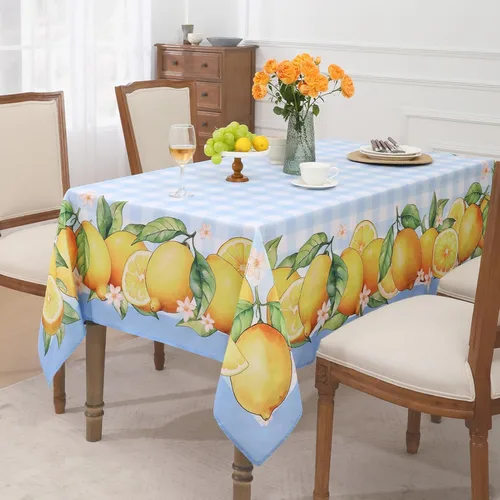 Vista 2 de Romanstile Mantel rectangular de verano, diseño de búfalo con flores de limón, a cuadros, resistente a las manchas, para cenas, fiestas, pícnics