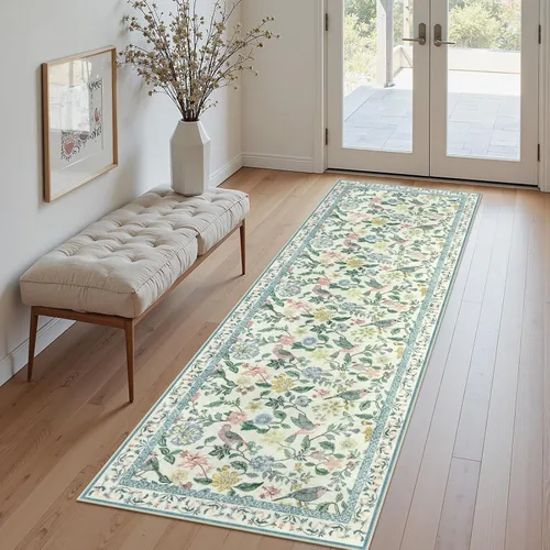 Vista 14 de Rugalia Alfombra de pasillo floral azul, alfombra lavable de 2 x 6 pies para pasillos, antideslizante, suave, de pelo bajo, con flores, pájaros, Rosa