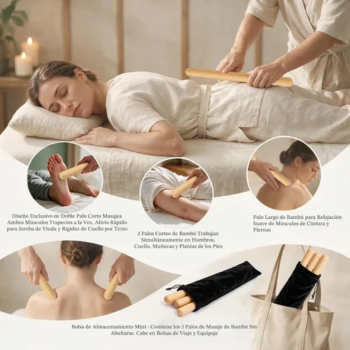 Vista 3 de GuaSha - 3 varillas de masaje de bambú sólido 100% natural, rodillos de masaje de bambú para espalda, piernas, cuerpo completo, masaje de tejido
