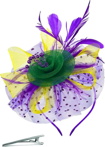 Vista 2 de Bniksok Tocado de Halloween para mujer, para fiesta de té, diadema de plumas, Mardi Gras, sombrero de cóctel, bodas