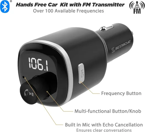 Vista 3 de Scosche BTFM4 BTFREQ - Kit universal de manos libres Bluetooth para coche con transmisor FM y puertos USB duales, color negro
